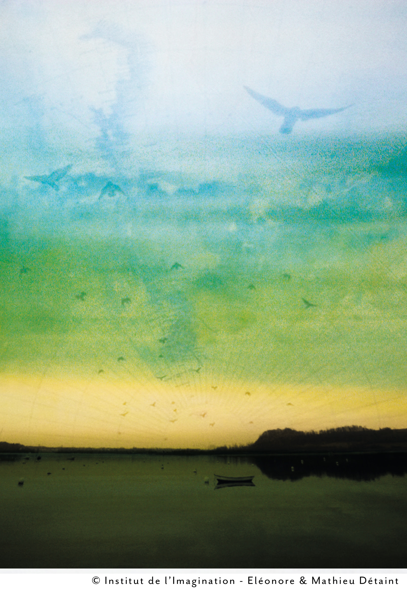 Des éléments naturels : oiseaux, nuages, lacs représentés en superposition. Visuel du troisième numéro de la newsletter Sous la Surface.